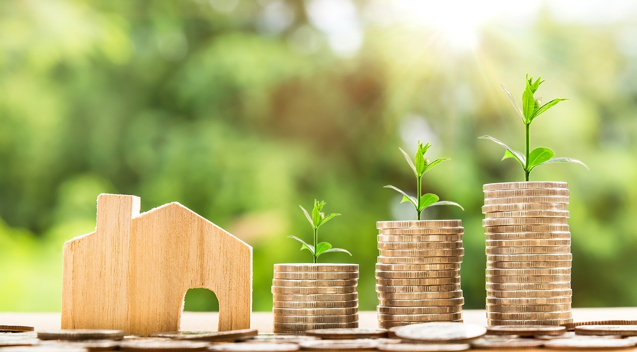 wooden house and coins